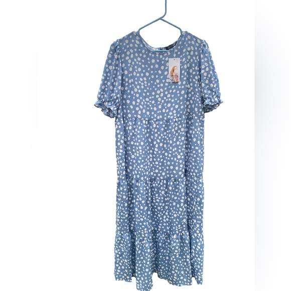 Pretty Garden Blue with White Polka Dot Long Dress Size Large - Picture 2 of 7